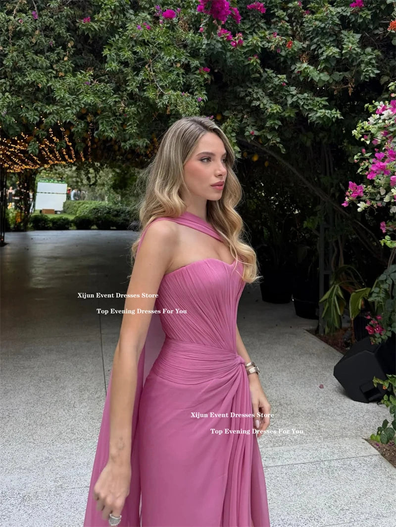 Xijun Elegant Pink Chiffon Evening Dresses Sweetheart Pleated A-Line Formal Prom Dresses Split Saudi Arabic Prom Gown Customized