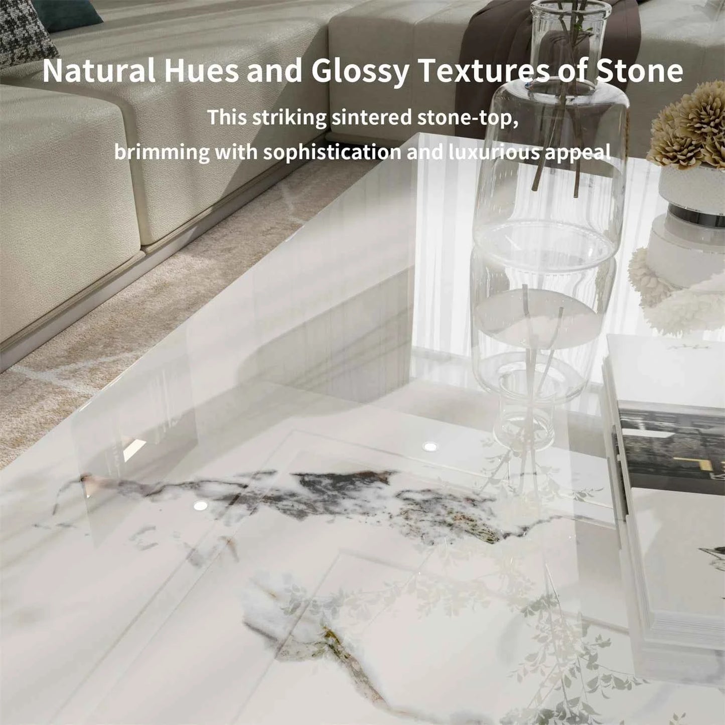 Tavolino da caffè rettangolare con texture di pittura a inchiostro, divano moderno ed elegante, tavolo centrale con piano in pietra sinterizzata, struttura in alluminio