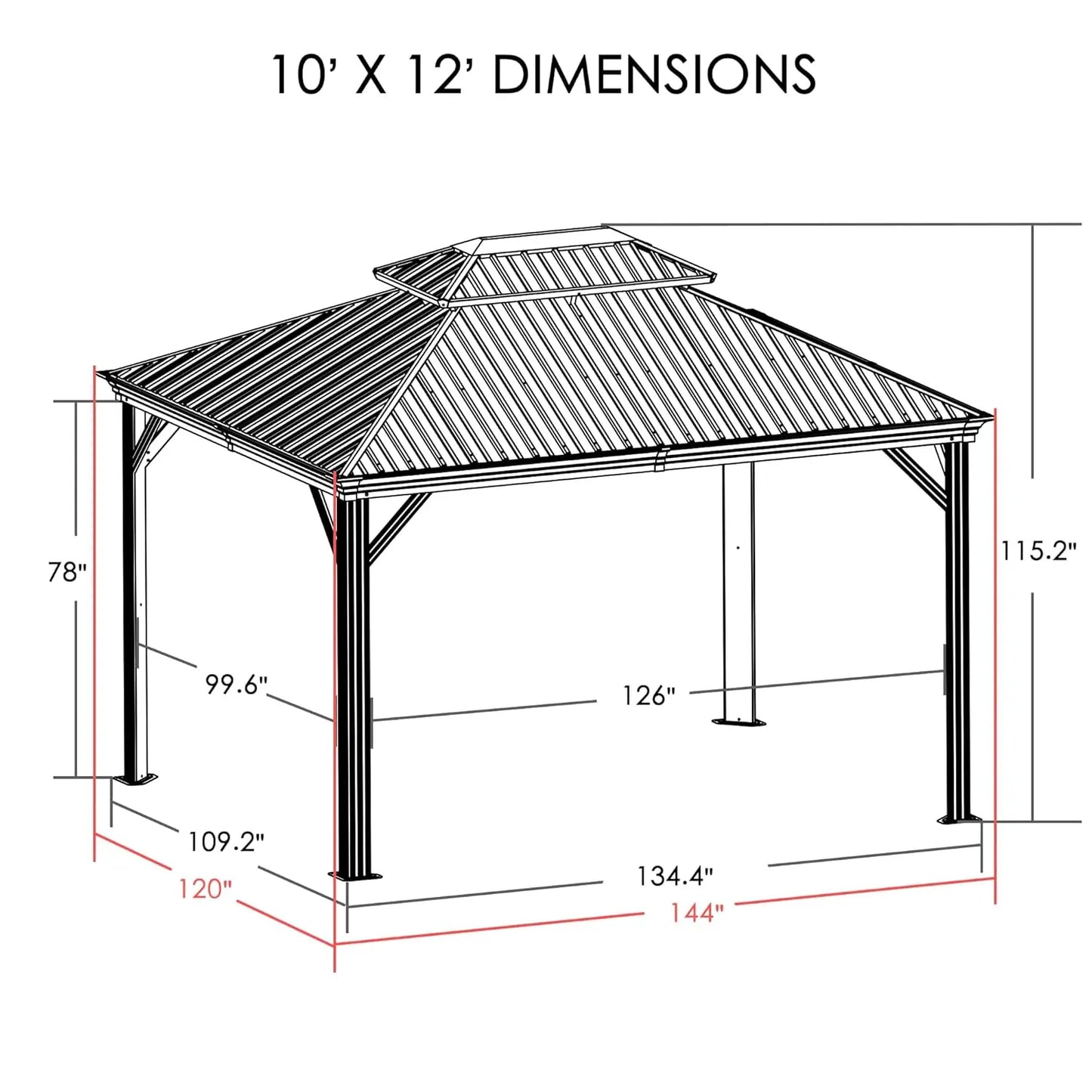 10' x 12' Hardtop Gazebo, Aluminum Frame with Galvanized Steel Double Roof, Outdoor Permanent Pavilion, Customized