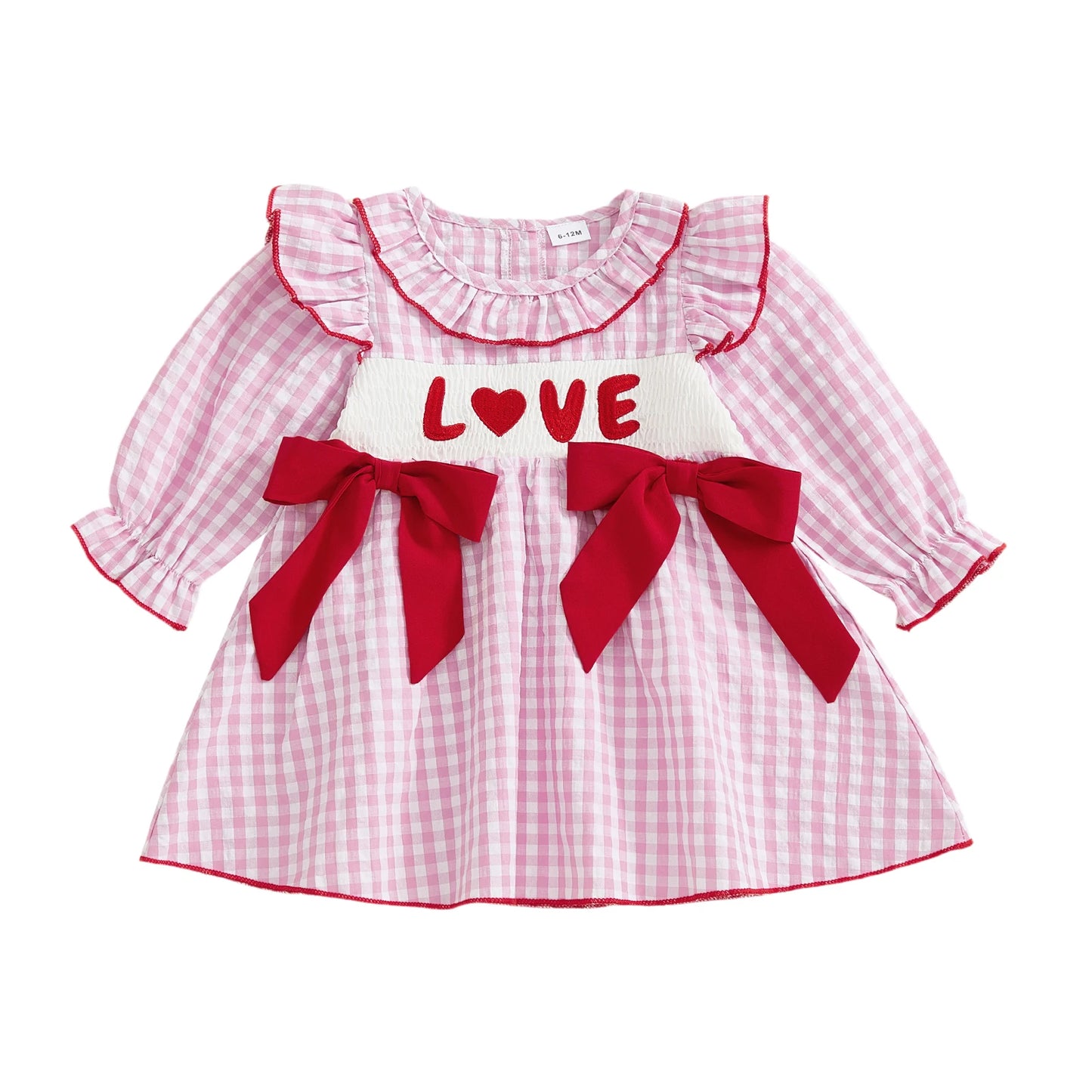 Toddler Girls Valentine s Day Dress Heart Bow Embroidery Long Sleeve Ruffled Round Neck Plaid Dress