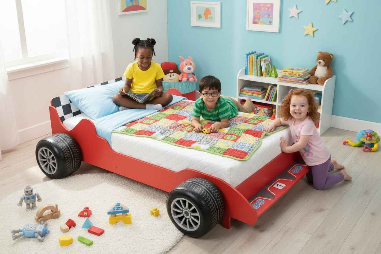 Letto per Bambini a Forma di Auto da Corsa – 90x200 cm | MDF Robusto | Blu o Rosso