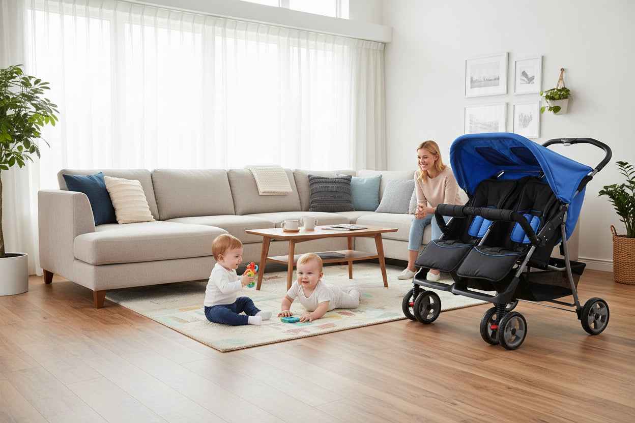Passeggino Gemellare per 2 Bambini – Telaio in Acciaio | 6-36 Mesi | Blu o Grigio