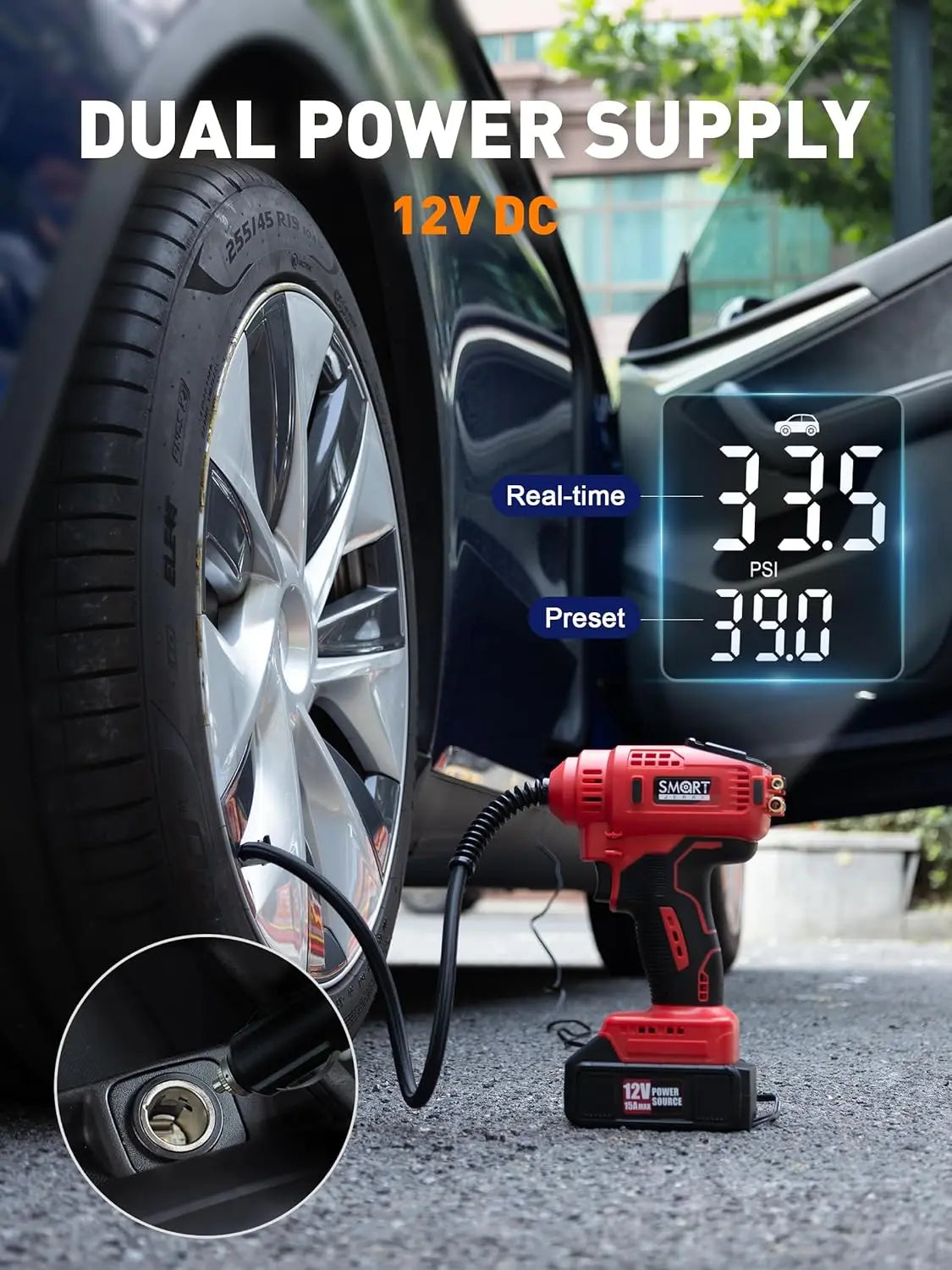 SMART JERRY Dual-Power 20V/12V Cordless Car Tire Inflator Auto-Stop 150 PSI Air Compressor Emergency Tool Kit ABS RED