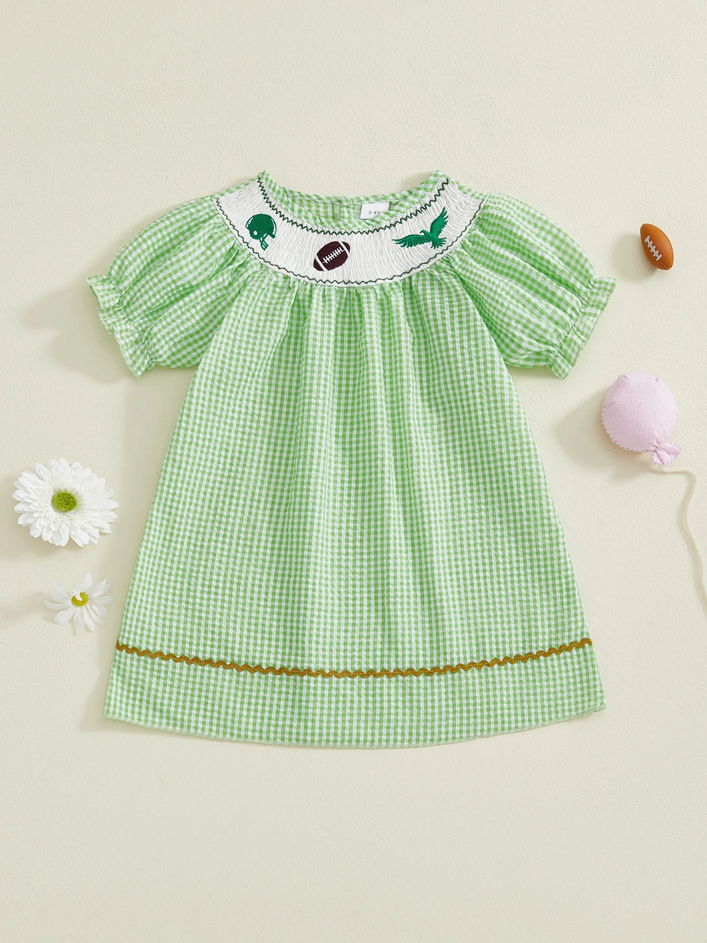 FOCUSNORM 1-5Y Little Kids Girl’s Dress Short Sleeve Crew Neck Plaid Print Rugby Embroidery Summer Dress Clothes