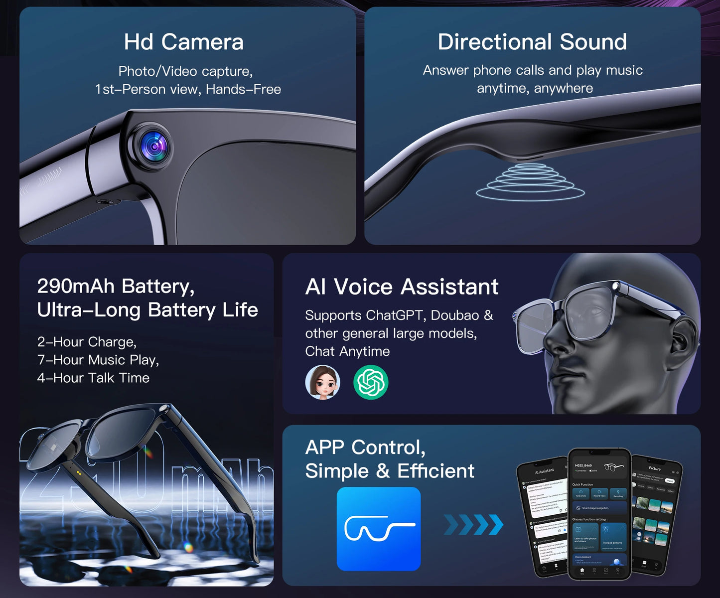 Smart AI Translation Smart Glasses Take Photos Recognizing Objects 4K Camera Bluetooth Music Call Intelligent Recording Glasses