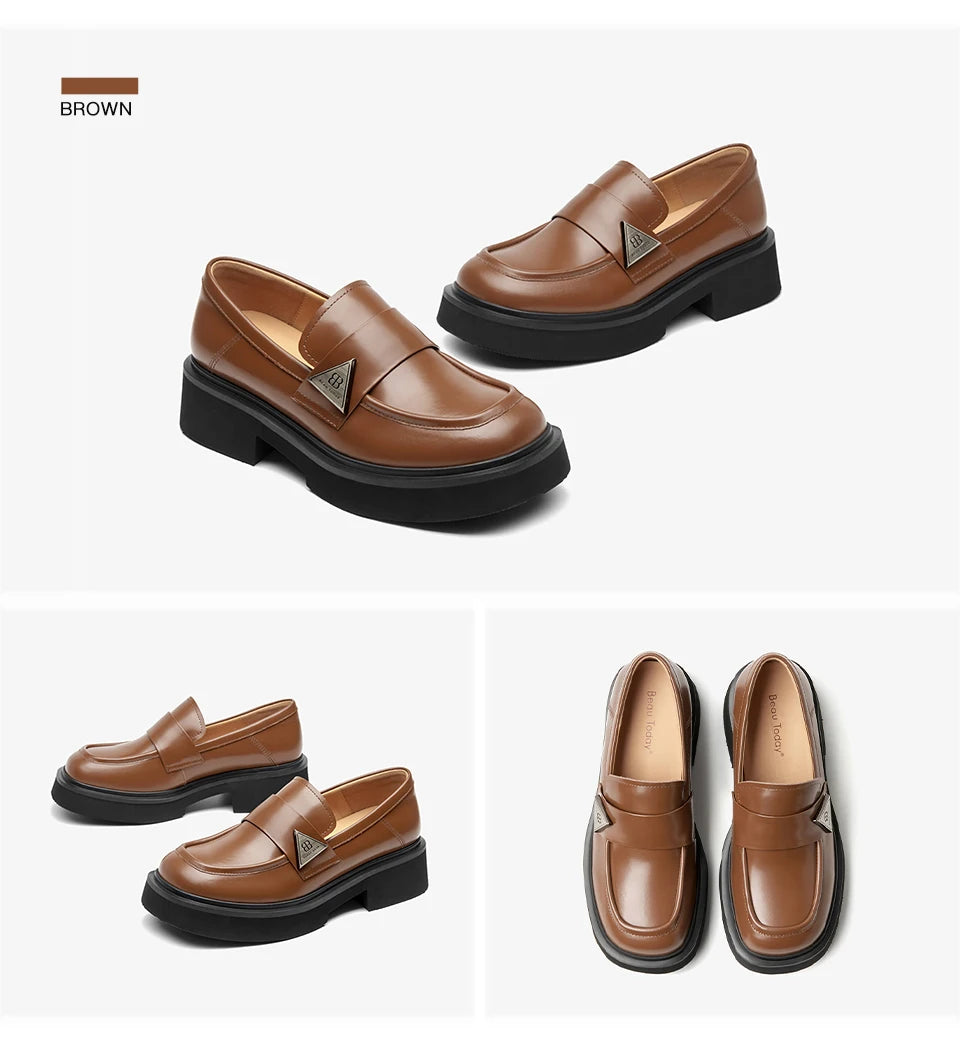BEAUTODAY Moccasin Loafers Women Cow Leather Platfrom Flats Round Toe Sliver Metal Buckle Ladies Thick Sole Shoes A26621