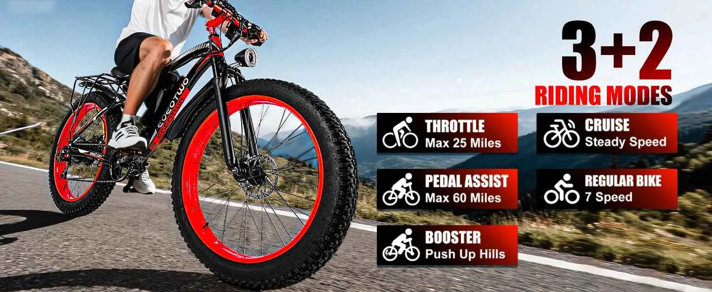 EOEOTWO E01 Electric Bike for Adults 1500W Peak Motor 26" Fat Tire Ebike 34MPH 60Miles Range UL2849 Certified Mountain Bicycle