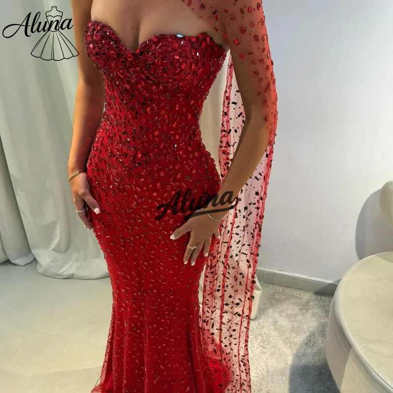 Aluna Customized  Red Mermaid Glitter Sleeveless Prom Dress Floor-Length Formal Evening Exquisite With Shawl Vestidos De Noche