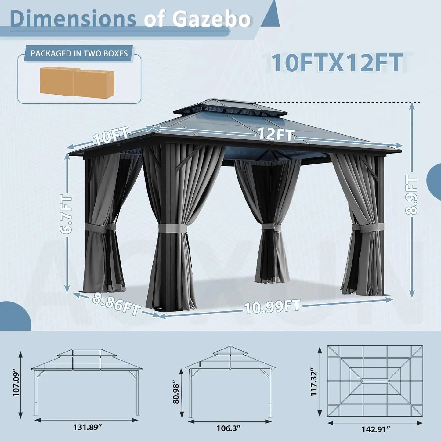 10x12 Hardtop Gazebo with Double Polycarbonate Roof, Aluminum Frame, Curtains & Netting for Patio Garden Lawn