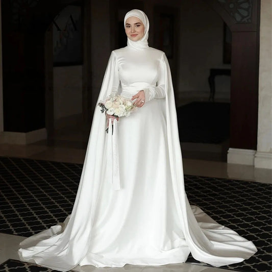KUXA Muslim Wedding Dresses High Neck Satin Beaded Bride Dress Long Sleeves Arabic Bridal Gowns Customized Vestido De Noiva