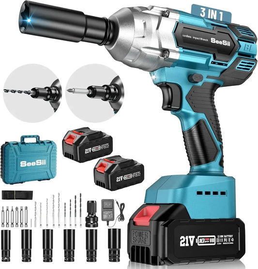 Seesii WH700 1/2" Cordless Impact Wrench Brushless Impact Gun Max Torque 600Nm 3300RPM 2x 4.0 For makita Battery Impact Driver
