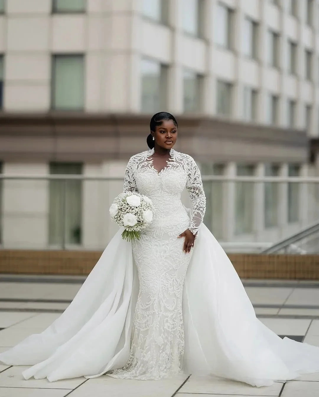 Customized African Plus Size Mermaid Wedding Dress Illusion Detachable Train Long Sleeves Lace Beaded Bridal Gowns for Bride