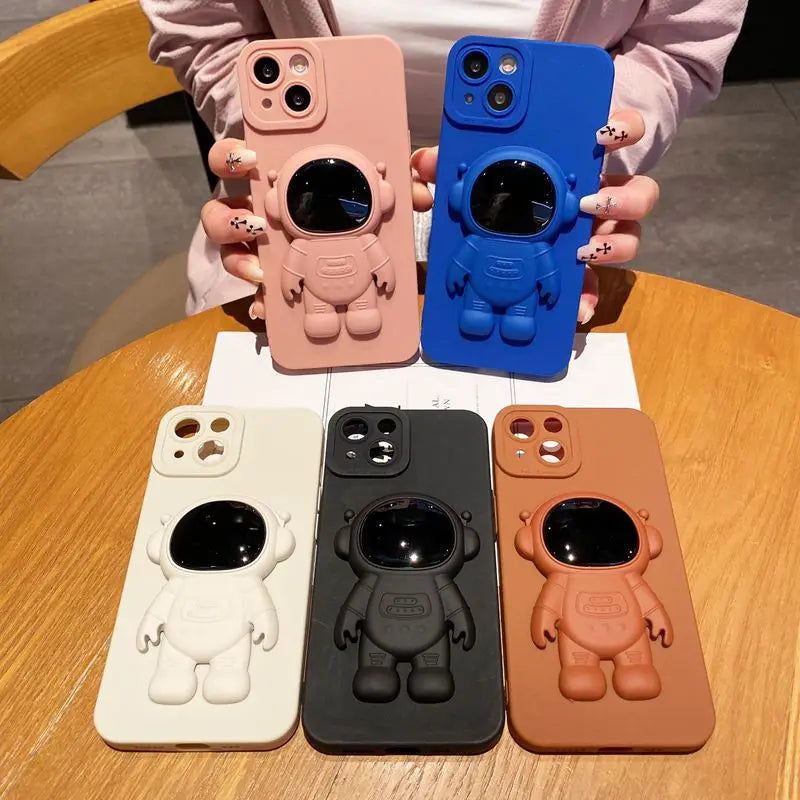 Silicone Astronaut Fold Stand Holder Phone Case For iPhone 15 14 13 12 Mini 11 Pro XS MAX X XR 8 7 6 6S Plus SE 2022 Soft Cover