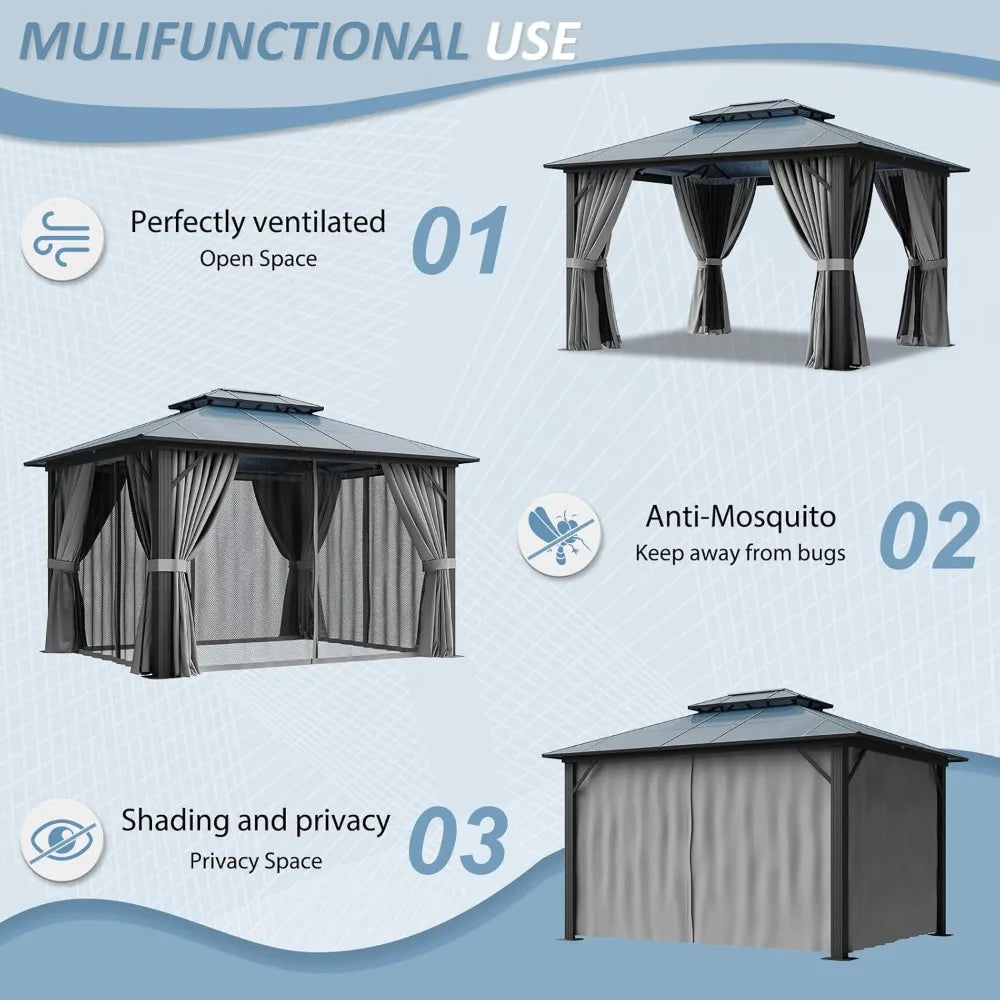 10x12 Hardtop Gazebo with Double Polycarbonate Roof, Aluminum Frame, Curtains & Netting for Patio Garden Lawn