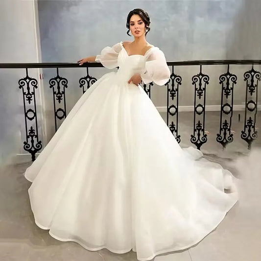 Customized White Organza Long Wedding Dress Sleeve IIIusion Women Bridal Dresses  Vestidos De Novia Plus Size Wedding Gowns Boho