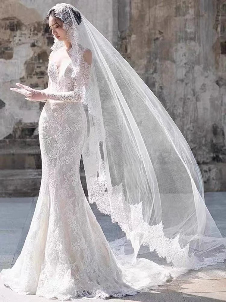 Real Photo 3M One Layer Wedding Veil With Comb Soft Eyelash Lace Edge Bridal Veils Appliqued Cathedral Bride Headwear Custom