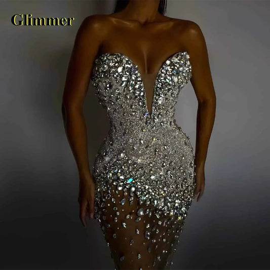 Glimmer Sparkly Mermaid Evening Dress with Rhinestones Sleeveless Tulle Birthday Dresses Luxury Vestidos De Gala Customized