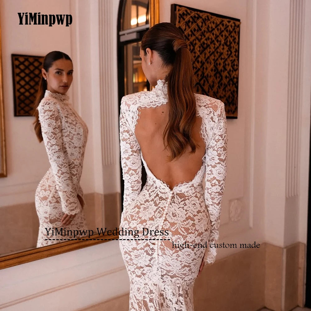 lvory Lace Wedding Dress Long Sleeve Mermaid Backless Sexy Bridal Gowns High Neck Applique Sweep Train Bride Dresses Customized