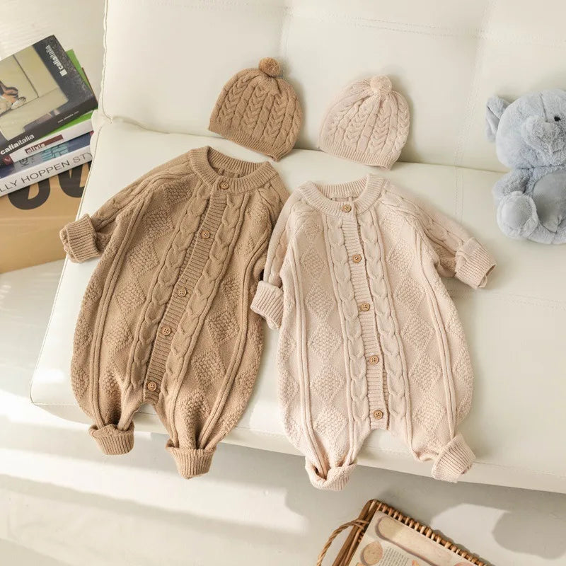New Spring Autumn Newborn Infant Girl Boy Knitted Romper with Hat Baby Knit Button Front Jumpsuit Winter Warm Jumpsuit Q6529