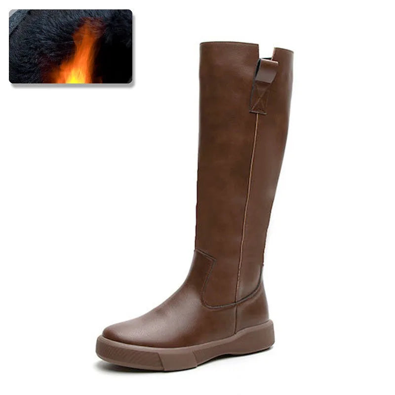 Women Long Boots Genuine Leather Thick-soled Women's Winter Boots Warm Plush Knee High Boots Ladies Motorcycle Booties WSH4973