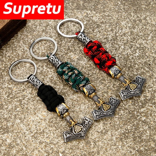 Punk Thor's Hammer Survival Keychain Men Stainless Steel Handmade Paracord Rope Keyring Amulet Norse Runes Car Pendant Jewelry