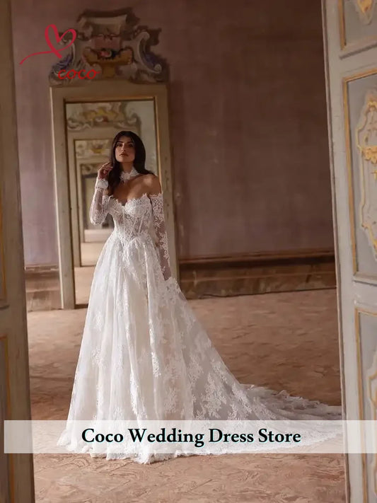 Customized Sweetheart Long Sleeves Wedding Dresses Lace Appliques Train Bridal Gown Backless Draped Bride Dress New Dress