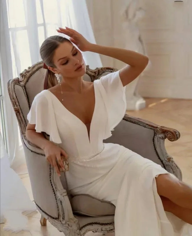 Elegant Chiffon Mermaid Wedding Dress 2026 Sexy Deep V Open Back Ruffled Sleeve Modern Women Bridal Dresses