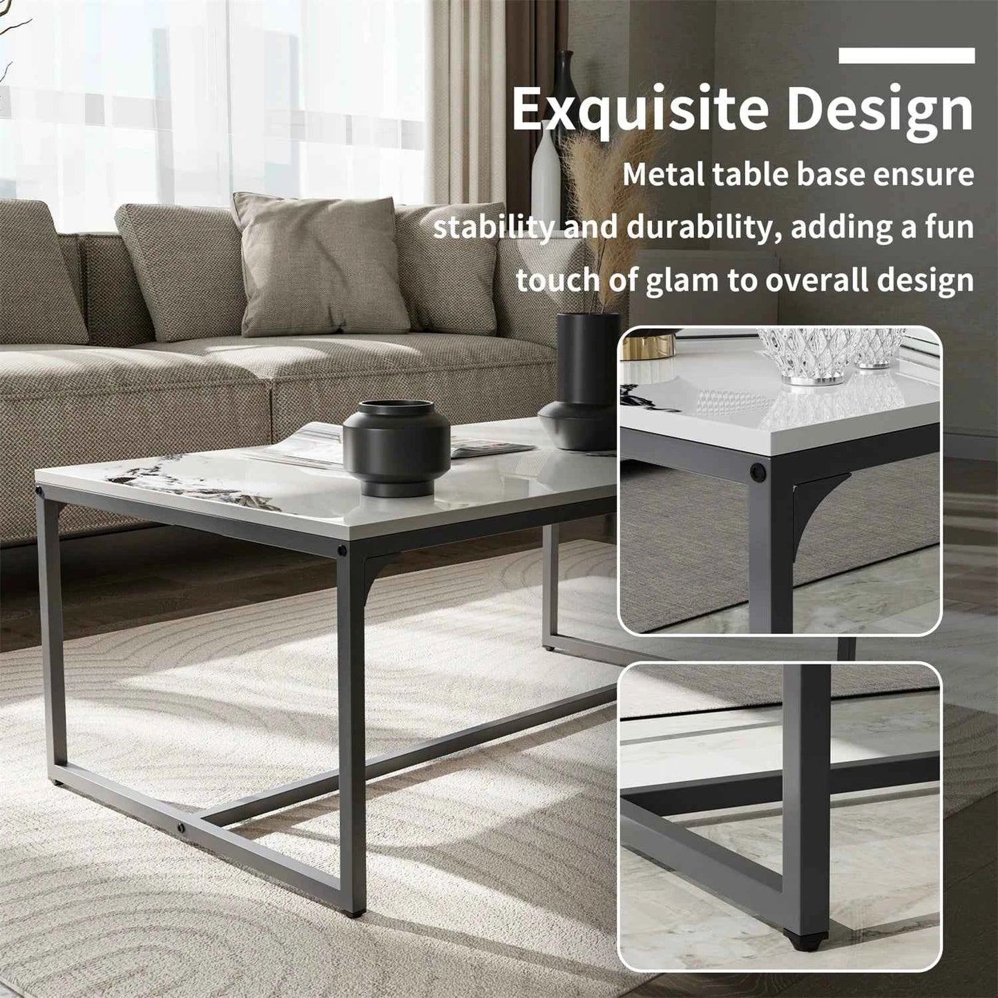 Tavolino da caffè rettangolare con texture di pittura a inchiostro, divano moderno ed elegante, tavolo centrale con piano in pietra sinterizzata, struttura in alluminio