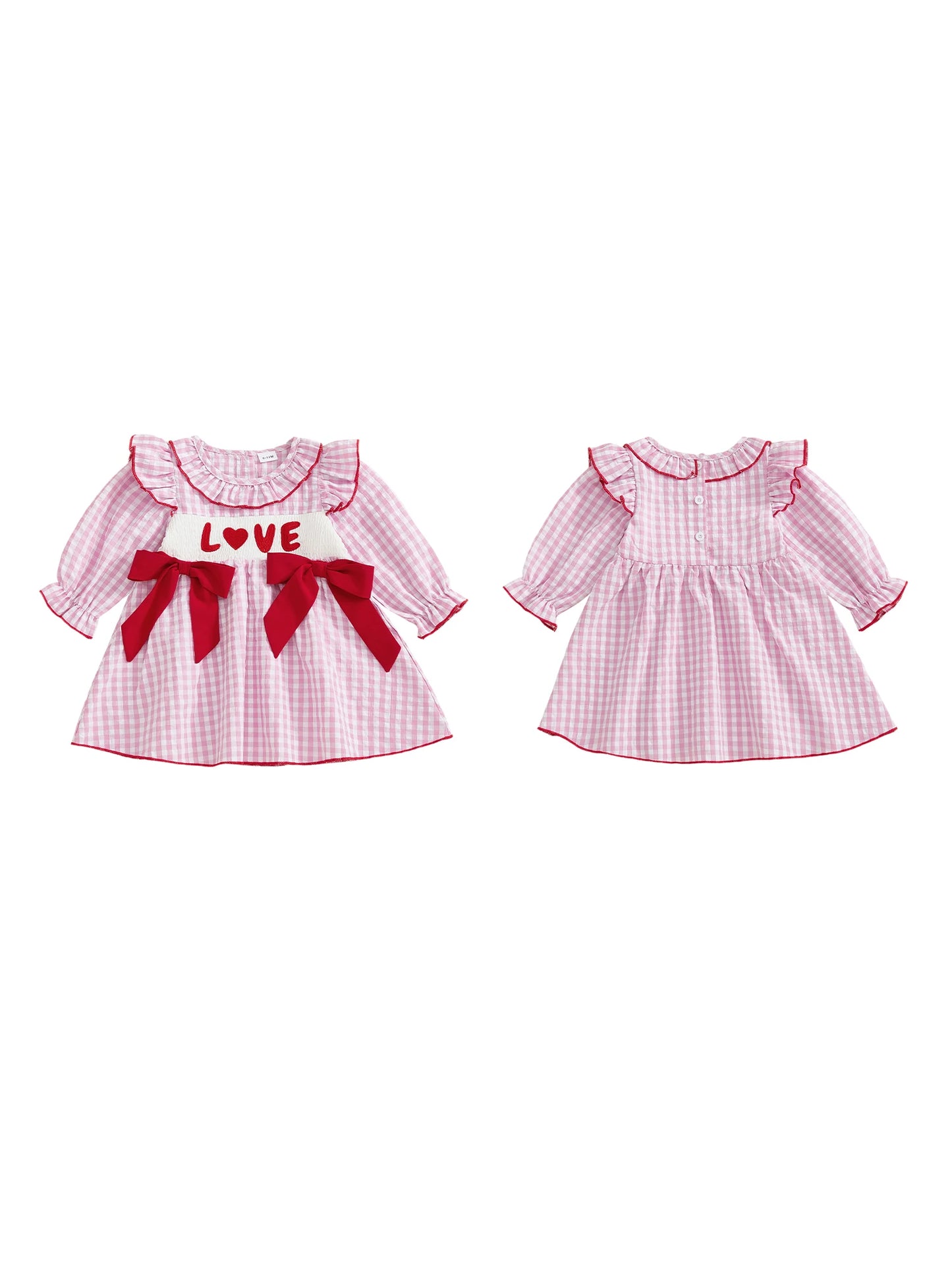 Toddler Girls Valentine s Day Dress Heart Bow Embroidery Long Sleeve Ruffled Round Neck Plaid Dress