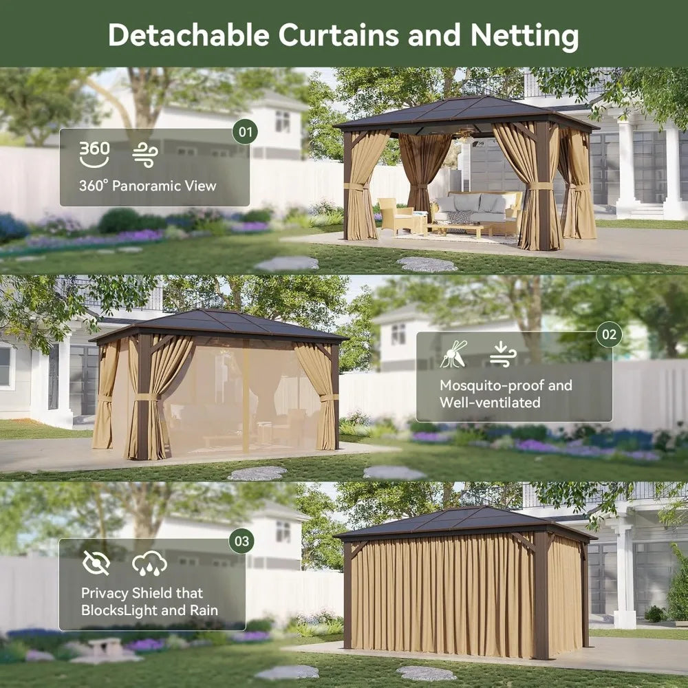 10' x 12' Gazebo Single Polycarbonate Top, Outdoor Aluminum Frame Permanent Gazebo with Curtains and Netting, for Patio