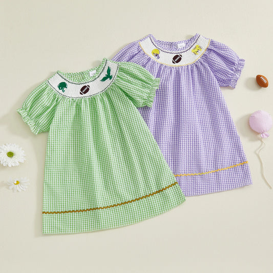 FOCUSNORM 1-5Y Little Kids Girl’s Dress Short Sleeve Crew Neck Plaid Print Rugby Embroidery Summer Dress Clothes