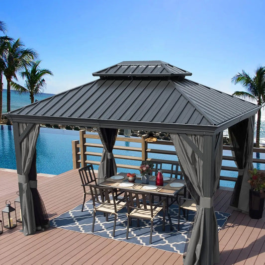 10' x 12' Hardtop Gazebo, Aluminum Frame with Galvanized Steel Double Roof, Outdoor Permanent Pavilion, Customized