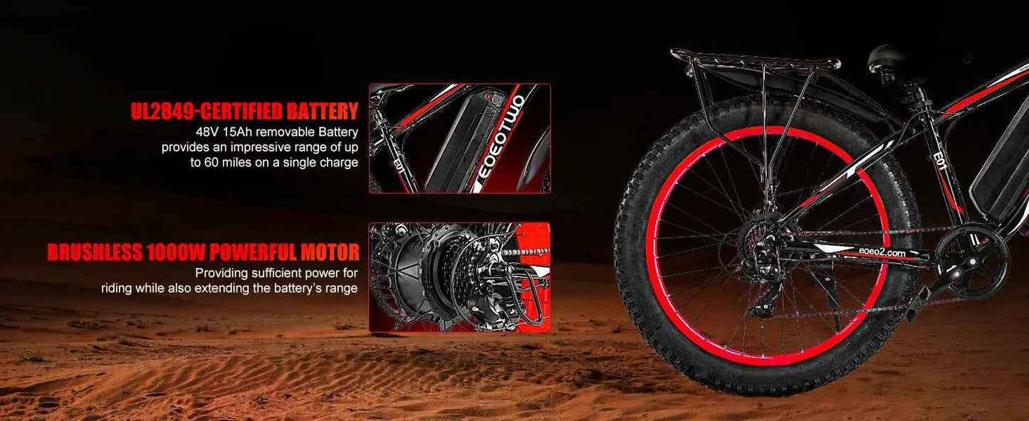 EOEOTWO E01 Electric Bike for Adults 1500W Peak Motor 26" Fat Tire Ebike 34MPH 60Miles Range UL2849 Certified Mountain Bicycle