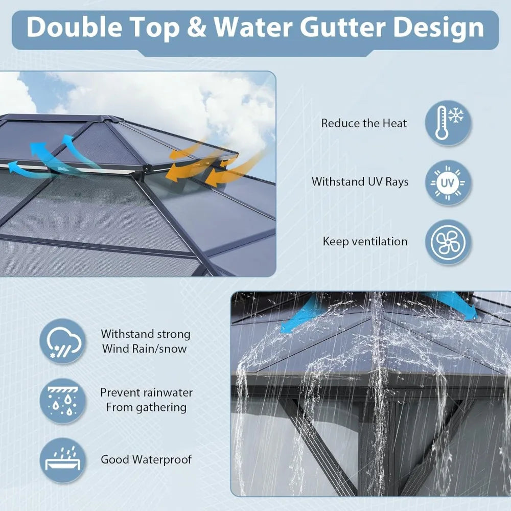 10x12 Hardtop Gazebo with Double Polycarbonate Roof, Aluminum Frame, Curtains & Netting for Patio Garden Lawn
