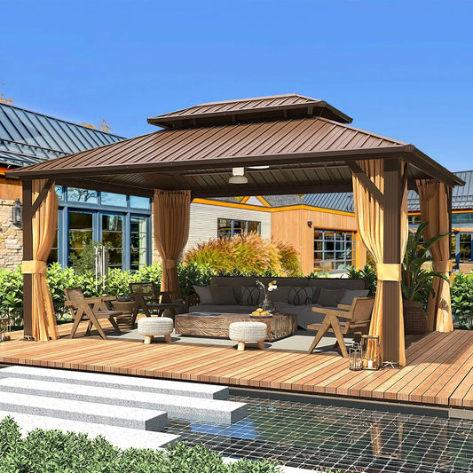12' x 16' Hardtop Gazebo with Galvanized Steel Double Roof, Aluminum Pergolas Frame, Curtains and Netting Included,, Customized