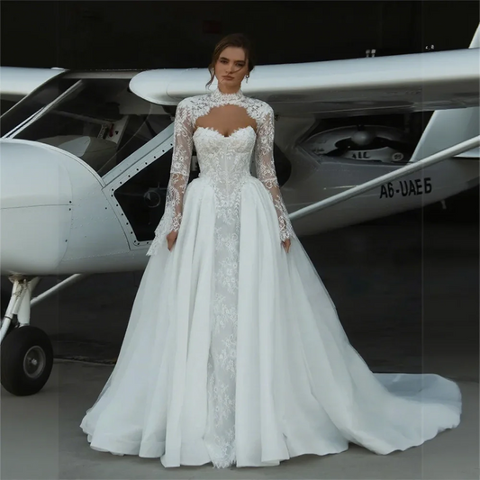 Customized Satin A-Line Wedding Dress with Shawl Sleeves And Sweep Train Floor Length Back Zipper Sweetheart Neckline for Bride