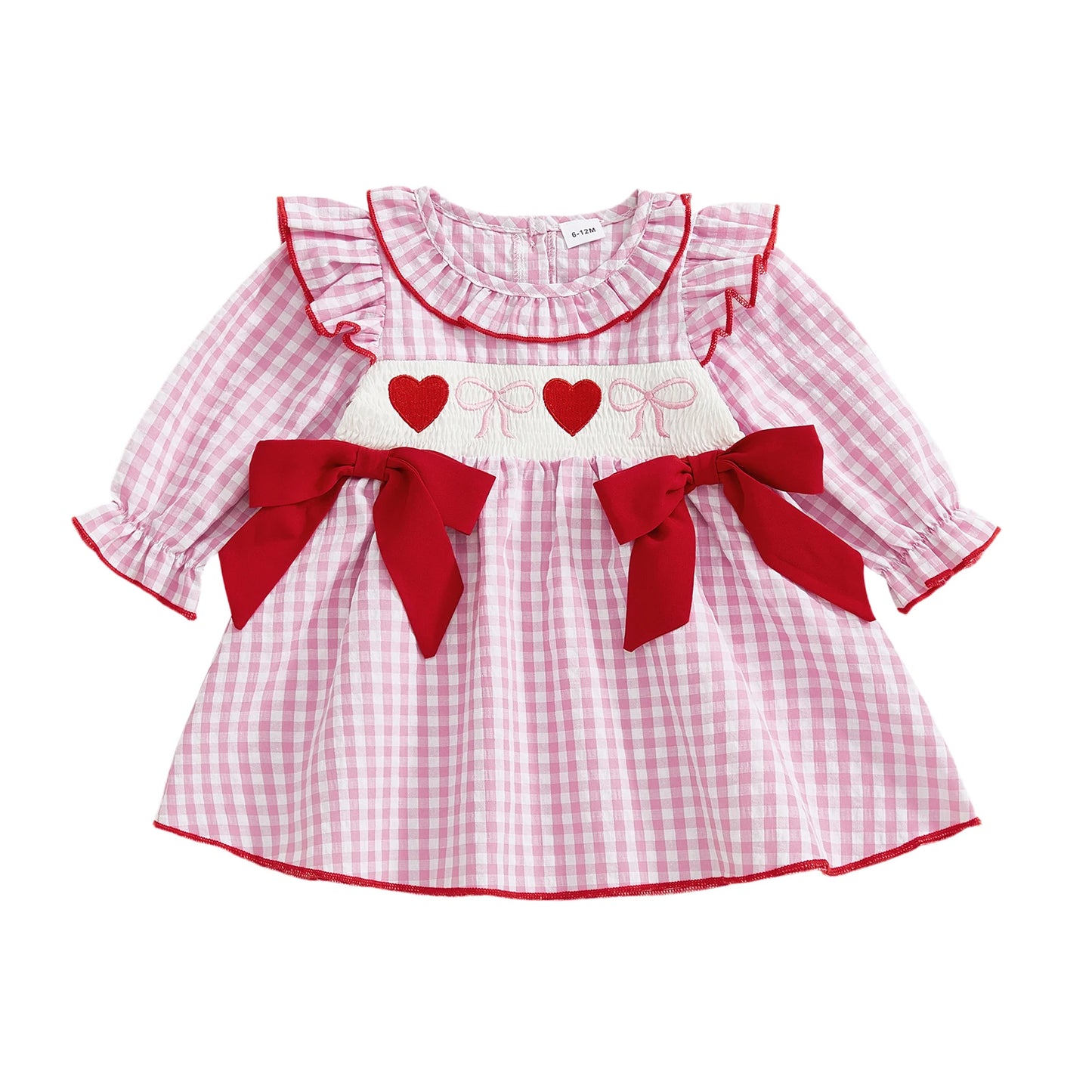 Toddler Girls Valentine s Day Dress Heart Bow Embroidery Long Sleeve Ruffled Round Neck Plaid Dress