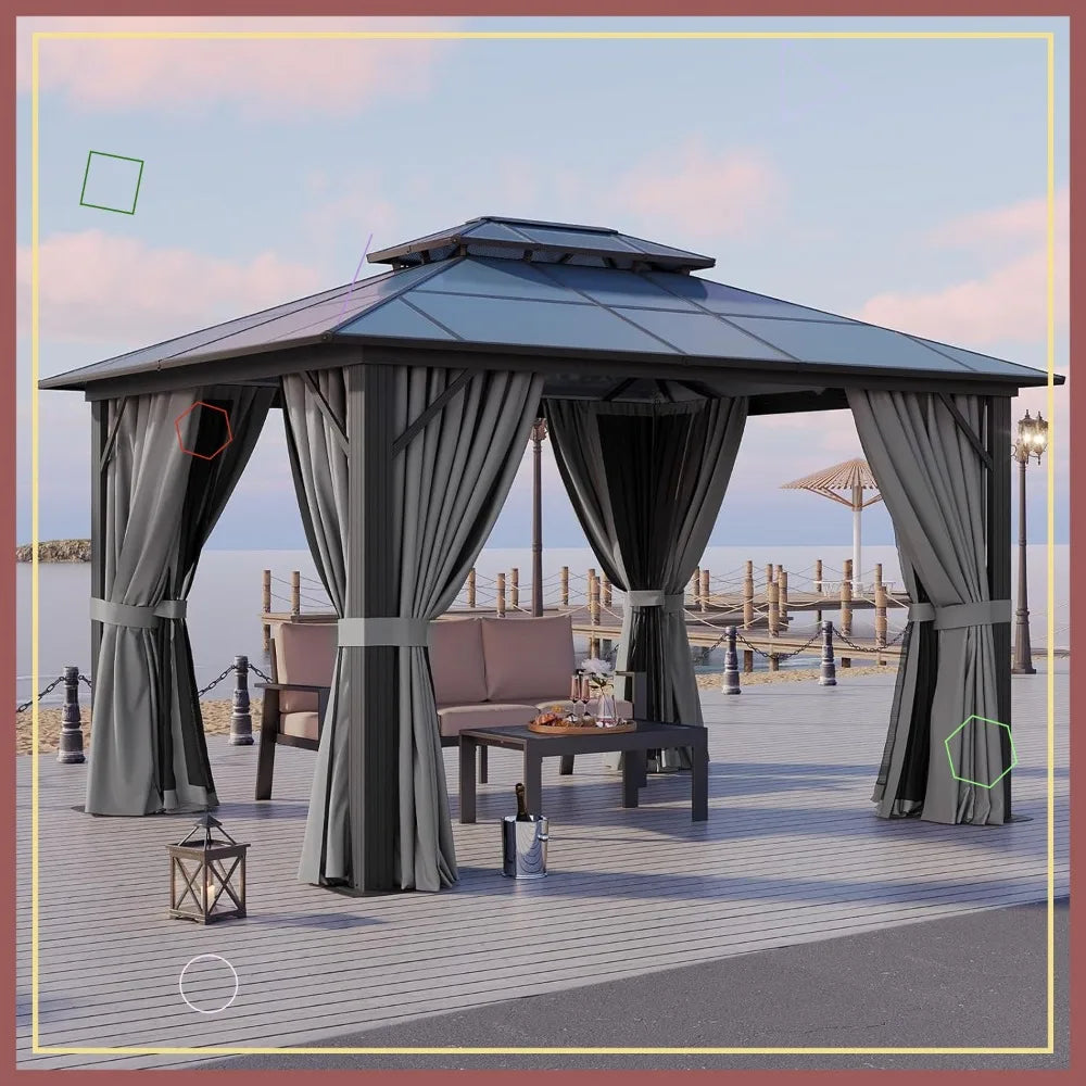 10x12 Hardtop Gazebo with Double Polycarbonate Roof, Aluminum Frame, Curtains & Netting for Patio Garden Lawn