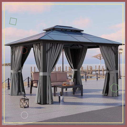 10x12 Hardtop Gazebo with Double Polycarbonate Roof, Aluminum Frame, Curtains & Netting for Patio Garden Lawn