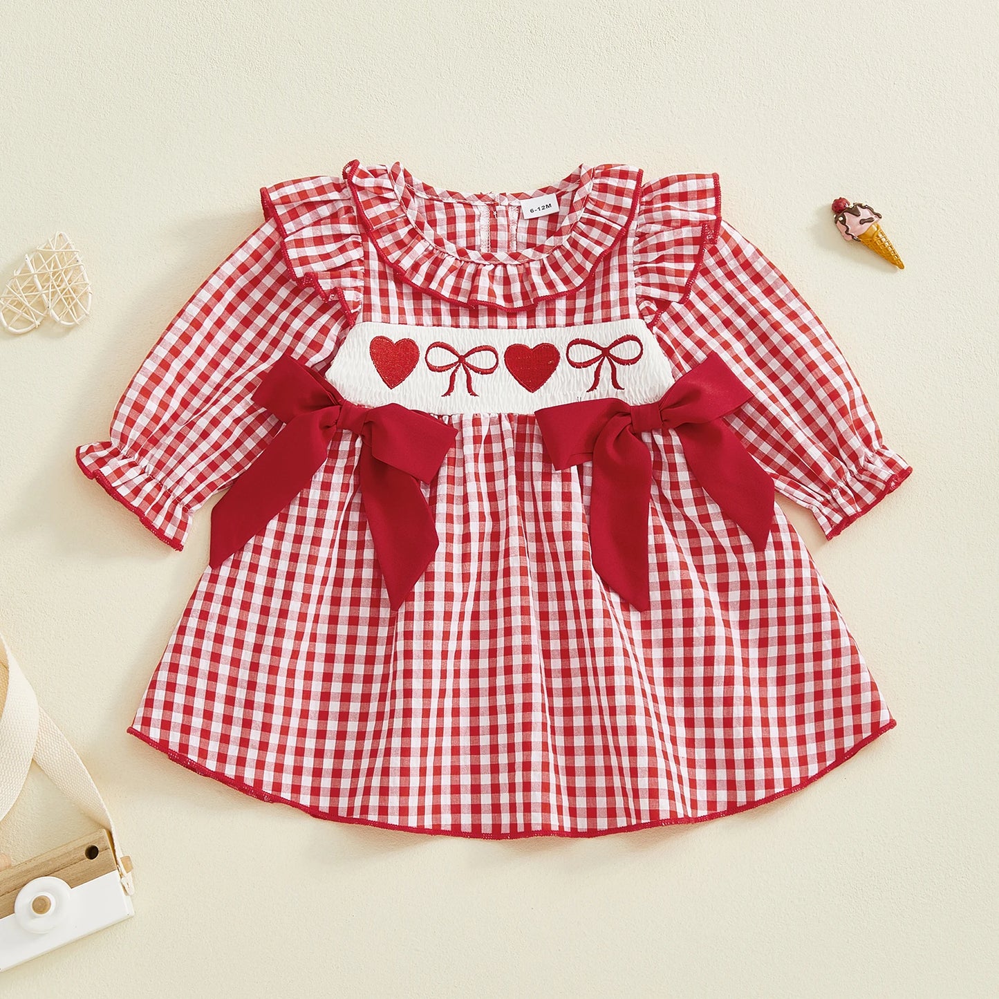 Toddler Girls Valentine s Day Dress Heart Bow Embroidery Long Sleeve Ruffled Round Neck Plaid Dress