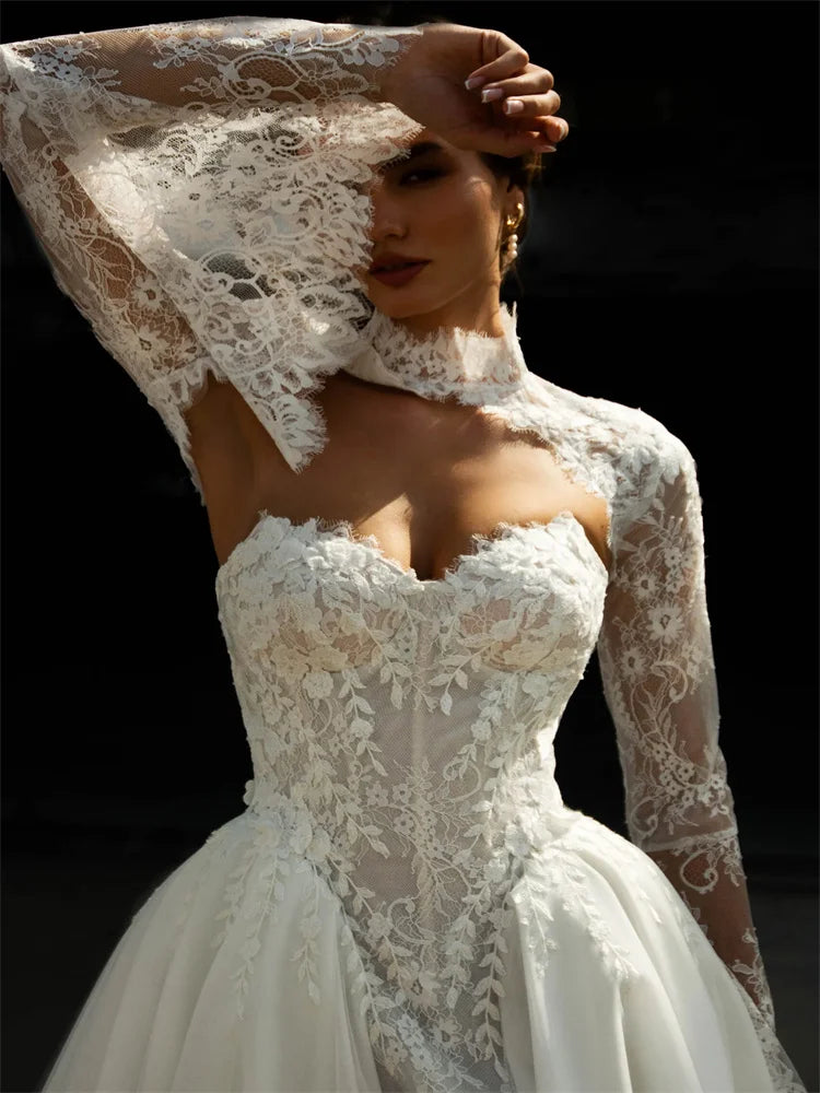 Customized Satin A-Line Wedding Dress with Shawl Sleeves And Sweep Train Floor Length Back Zipper Sweetheart Neckline for Bride