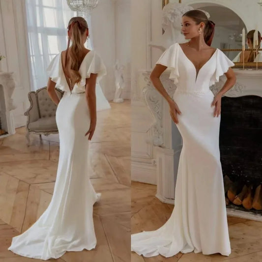 Elegant Chiffon Mermaid Wedding Dress 2026 Sexy Deep V Open Back Ruffled Sleeve Modern Women Bridal Dresses