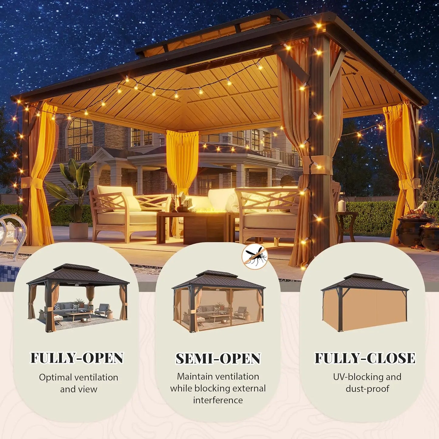 12' x 16' Hardtop Gazebo with Galvanized Steel Double Roof, Aluminum Pergolas Frame, Curtains and Netting Included,, Customized