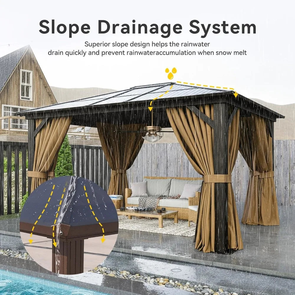 10' x 12' Gazebo Single Polycarbonate Top, Outdoor Aluminum Frame Permanent Gazebo with Curtains and Netting, for Patio