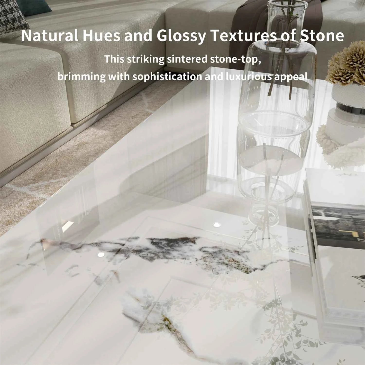 Tavolino da caffè rettangolare con texture di pittura a inchiostro, divano moderno ed elegante, tavolo centrale con piano in pietra sinterizzata, struttura in alluminio