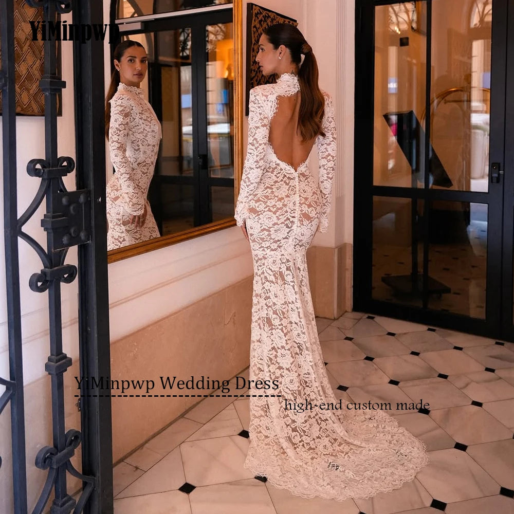 lvory Lace Wedding Dress Long Sleeve Mermaid Backless Sexy Bridal Gowns High Neck Applique Sweep Train Bride Dresses Customized