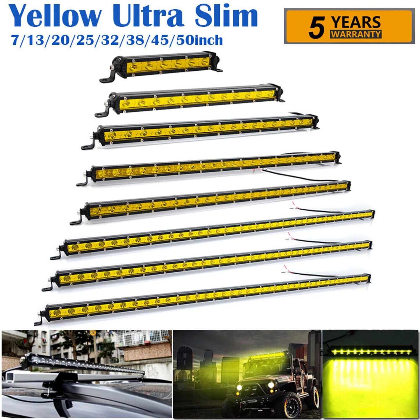 Yellow Single Row Slim 7 13 20 25 32 38 45 50 inch Off-road LED Work Light Bar Fog Driving For SUV UTV ATV 4X4 Truck Boat Car