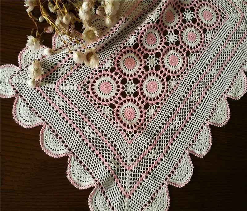 Junwell 45CM RD Colorful Cotton Crochet Tablecloth Classic 3D Rose Farmhouse Handmade Lace Cup Mat Placemat Lamp Sofa Cover