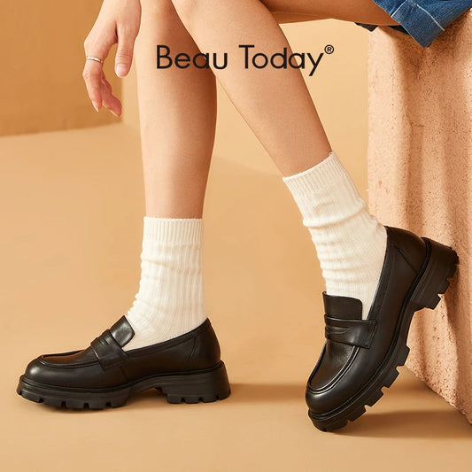 BeauToday Penny Loafers Women Genuine Cow Leather Round Toe Thick Sole Slip-On JK Uniform Dress Shoes Handmade 27764
