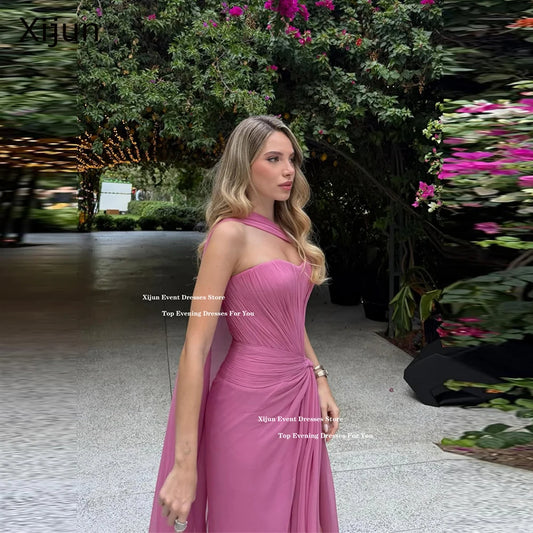 Xijun Elegant Pink Chiffon Evening Dresses Sweetheart Pleated A-Line Formal Prom Dresses Split Saudi Arabic Prom Gown Customized